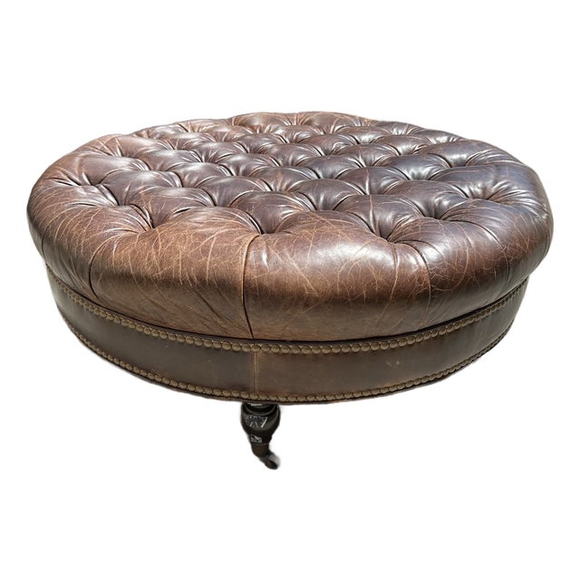 Chesterfield-Style Round Chocolate Leather Ottoman-Vintage For Sale