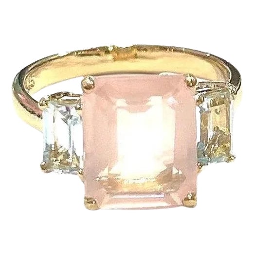 Bochic “Orient” Rose Quartz & Light Blue Topaz Ring Set In 18K Gold & Silver For Sale