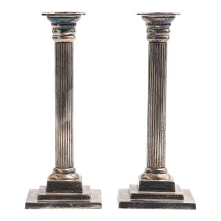Pair of Swedish Gustavian Style Nickel Silver Column Candlesticks For Sale