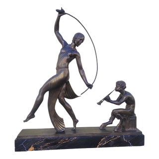 JD Guirande, Nude Dancer with Thyrsus, 20th Century, Bronze & Marble For Sale