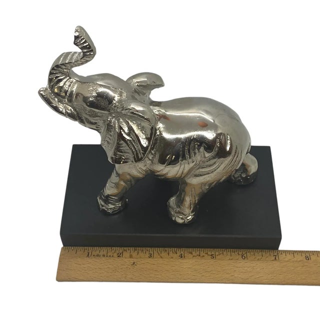 Contemporary Silver Aluminum Metal Elephant Sculpture Standing on Black Wood Plinth For Sale - Image 10 of 12