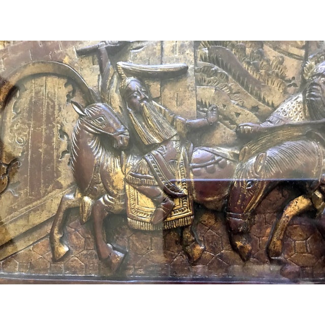 Wood 19th Century Antique Framed Chinese Carved Gilt Wood Warriors on Horseback Wall Panel or Fragment For Sale - Image 7 of 7