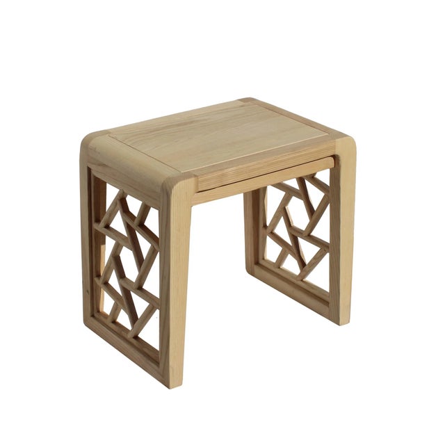 Contemporary Light Natural Raw Wood Minimalist Lattice Pattern Stool Table For Sale - Image 3 of 5