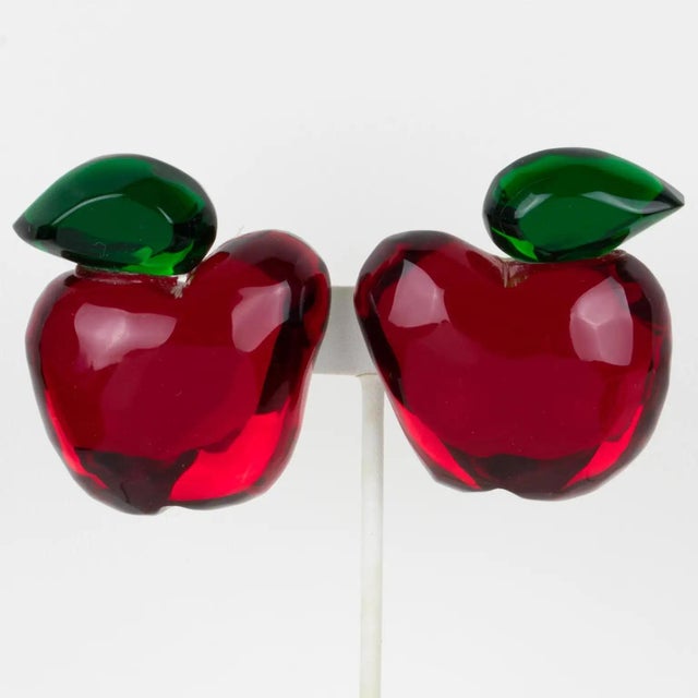 Contemporary Kaso Red Apple Acrylic Lucite Clip Earrings For Sale - Image 3 of 7