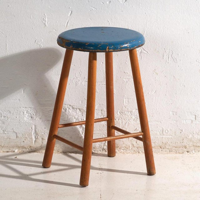 Antique Wooden Stool with Round Seat, Central Europe, 1950 For Sale - Image 6 of 6