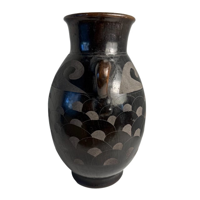 Mexican Vintage Mexican Black Pottery Two-Handled Vase, Signed v. Silva For Sale - Image 3 of 9