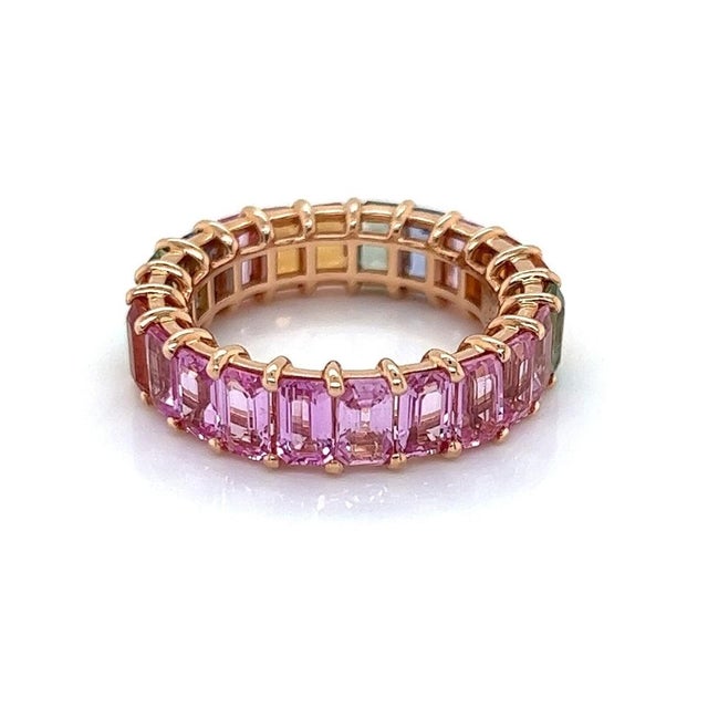 Mid 20th Century Mid 20th Century 18k Rose Gold Full Circle Emerald Cut Multi-Color Sapphire Band Ring - Size 6.5 For Sale - Image 5 of 6