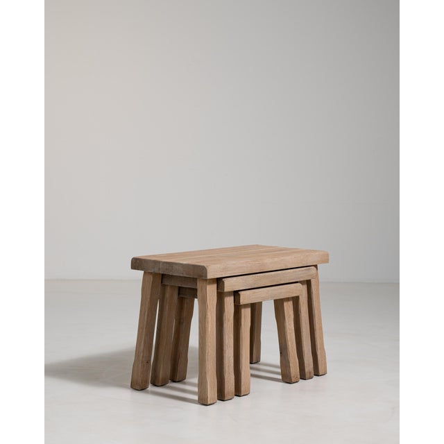 Set of Three Oak Brutalist Nesting Tables, Antique, France, Circa 1970 For Sale In Greensboro - Image 6 of 13