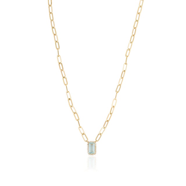2.26ct Emerald-Cut Aquamarine & Diamond Halo Paperclip Chain Necklace in 14k Gold For Sale In New York - Image 6 of 16