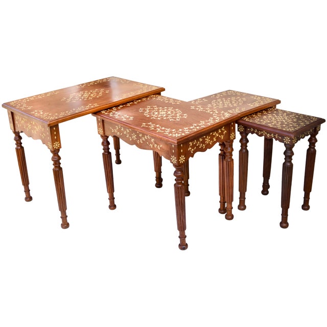 Mid 20th Century Hand-Carved Floral-Patterned & Inlaid Nesting Tables- Set of 4 For Sale In New York - Image 6 of 10