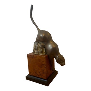 Vintage 1970's Brass Mountain Lion/Panther Bookend on Faux Burlwood Block Base For Sale