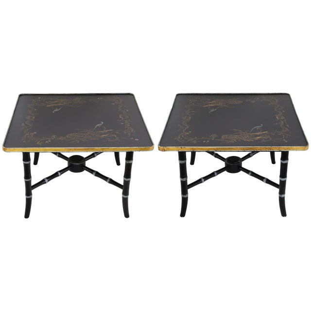 Pair of Vintage Black Lacquer Chinoiserie Side Tables With Gilt Peacock and Floral Motif For Sale - Image 17 of 17