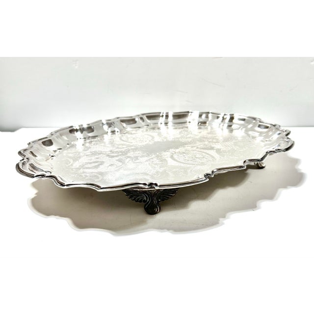 American Antique Raimond Silverplate Gallery Tray – 1920s–1930s Engraved Bar Cart Serving Tray For Sale - Image 3 of 12