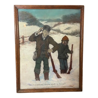 1940s Original Casey Man and Boy Hunting Snow Pastel Drawing Painting Folk Art For Sale