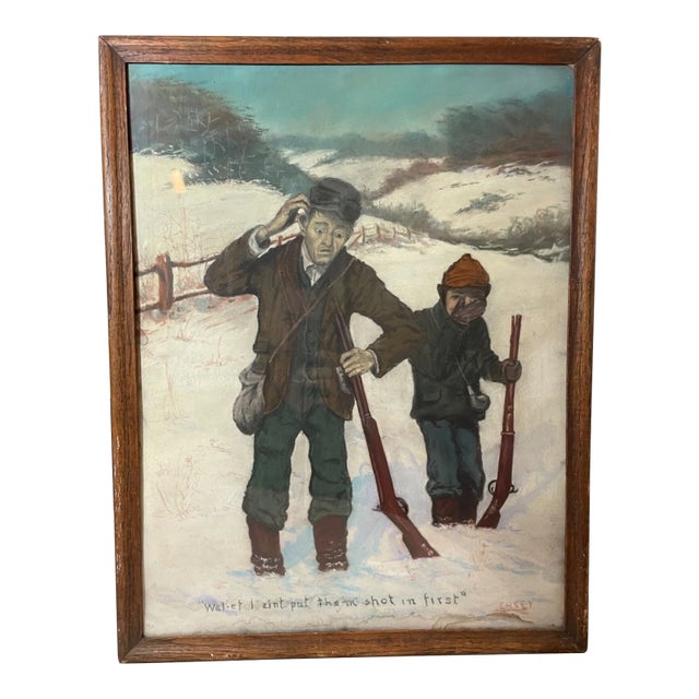 1940s Original Casey Man and Boy Hunting Snow Pastel Drawing Painting Folk Art For Sale