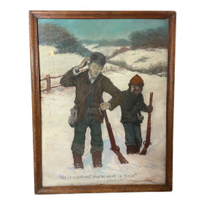 1940s Original Casey Man and Boy Hunting Snow Pastel Drawing Painting Folk Art