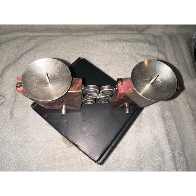 Pink Vintage 1970’ S Soviet Russian Modernist Rhodonite & 875 Silver Candle Holder For Sale - Image 8 of 12