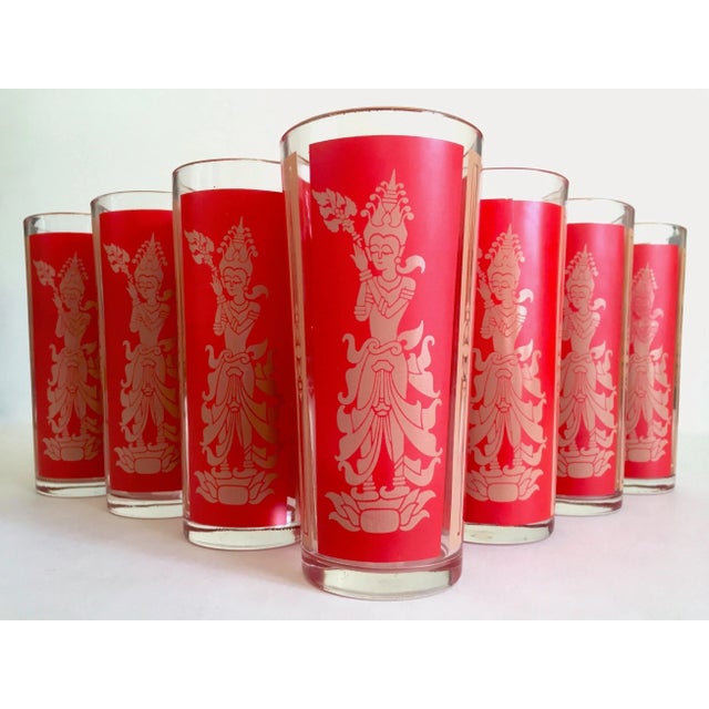 Vintage Mid Century Modern Thai Goddess Lakshmi Tall Red Tumbler Glasses - Set of 7 For Sale - Image 13 of 13