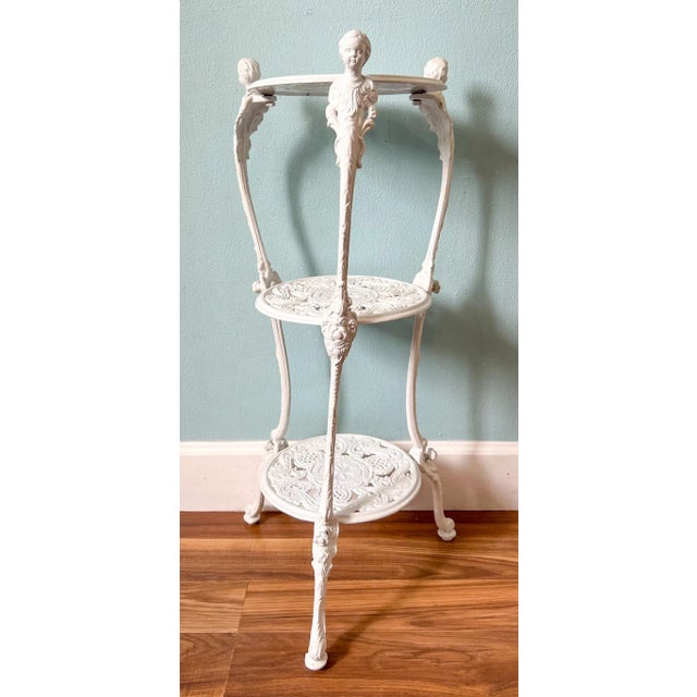 Metal Vintage White Cast Aluminum Three-Tier Plant Stand – Victorian Revival / Cottagecore For Sale - Image 7 of 11
