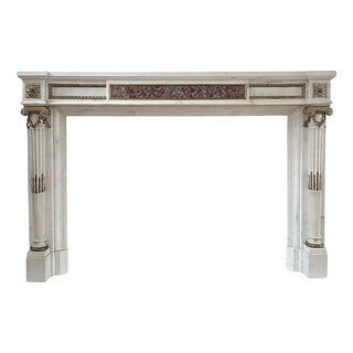 Large Antique French Empire Statuary White Marble and Ormolu Fireplace Mantel, 1800 For Sale