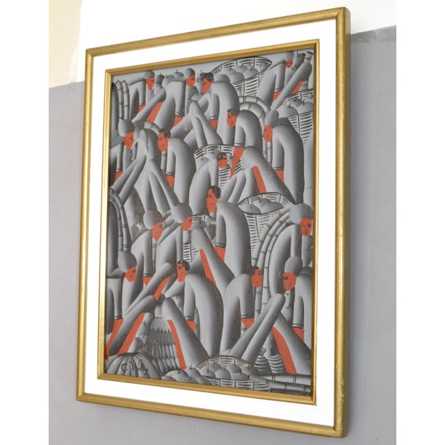 Signed C. Willy Gold Frame Abstract People Harvesting Apples Pop Art on Canvas For Sale In Miami - Image 6 of 13