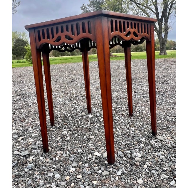 Hexagonal Cherry Wood Carved Library Hall Table For Sale - Image 4 of 7