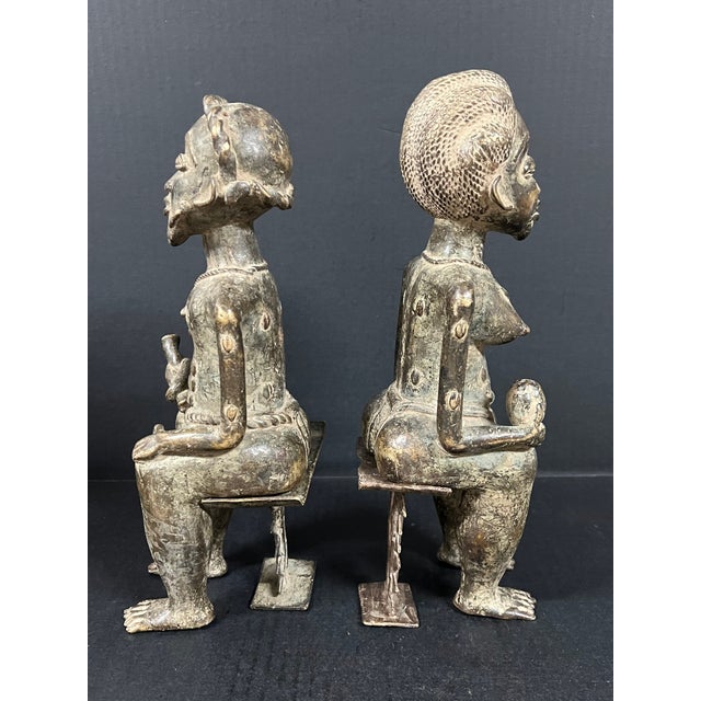Bronze Pair of African Tribal Art Benin Bronze Royal Statue For Sale - Image 8 of 11