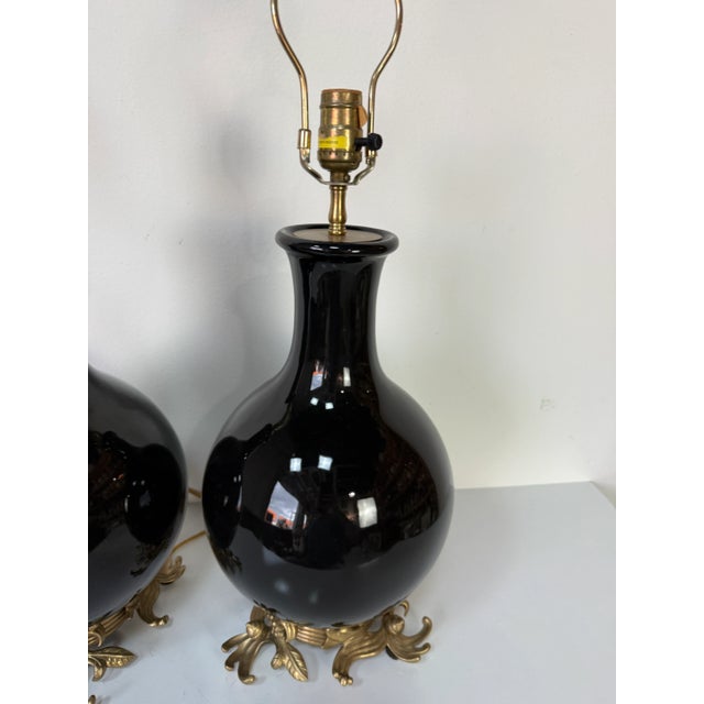 1980s Vintage Chapman Black Glazed Ceramic Table Lamps – A Pair For Sale - Image 12 of 12