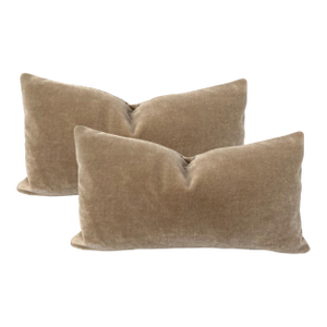 Plush Tan Camel Down Filled Lumbar Mohair Pillows - A Pair