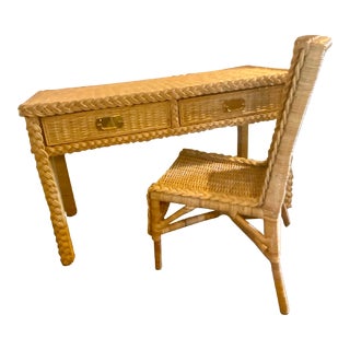 Late 20th Century Bielecky Brothers Inspired Rattan and Brass Writing Desk and Chair - Set of 2 For Sale