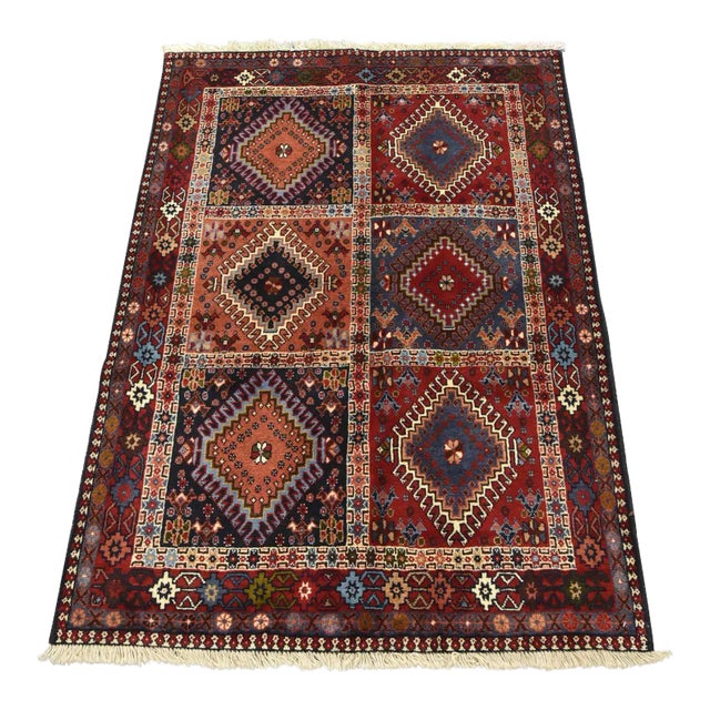 Yalameh Rug 3'5'' X 4'9'' Multicolor Wool Vintage Tribal Hand-Knotted Carpet For Sale
