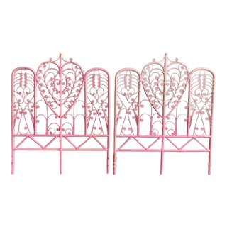 1960s Vintage Pink Wicker Rattan Curly Twin Headboards - a Pair For Sale