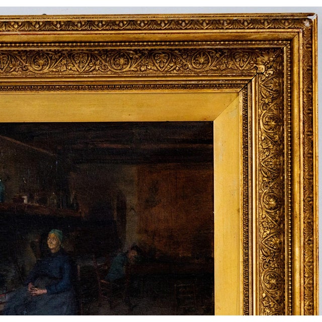 Wood Antique Alfred Belhomme Oil Painting of an Interior Scene For Sale - Image 7 of 7