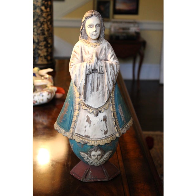 Antique / Vintage Hand Carved Wooden Santo, Spanish Colonial Folk Art, 17.5" Tall x 10” wide, signed en verso Absolutely...