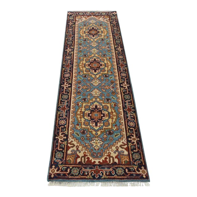 Heriz Runner 2’7” X 8’1” Blue Wool Tribal Hand-Knotted Oriental Rug For Sale