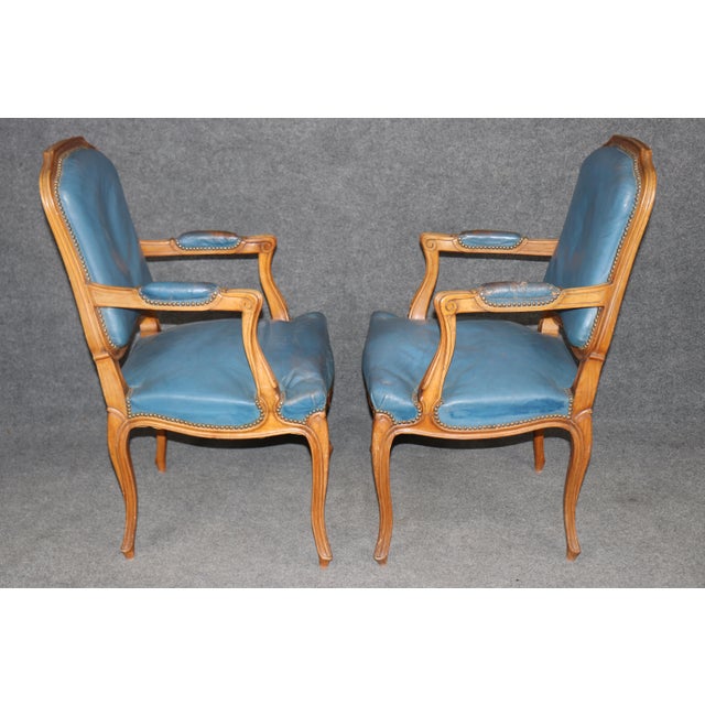 French French Louis XV Style Walnut and Leather Set of 10 Dining Chairs C. 1940s For Sale - Image 3 of 14