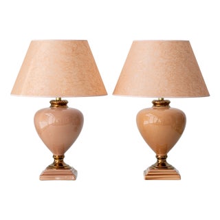 French Salmon Pink and Copper Ceramic Urn Table Lamps with Parchment Shades by Louis Drimmer, 1980s, Set of 2 For Sale