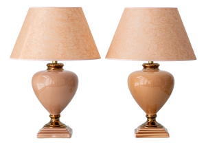 French Salmon Pink and Copper Ceramic Urn Table Lamps with Parchment Shades by Louis Drimmer, 1980s, Set of 2