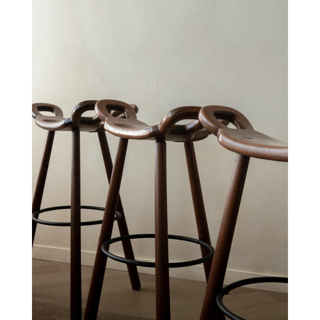 Vintage Spanish Brutalist Wooden Marbella Bar Stools from Confonorm, 1970s, Set of 3 For Sale - Image 18 of 18