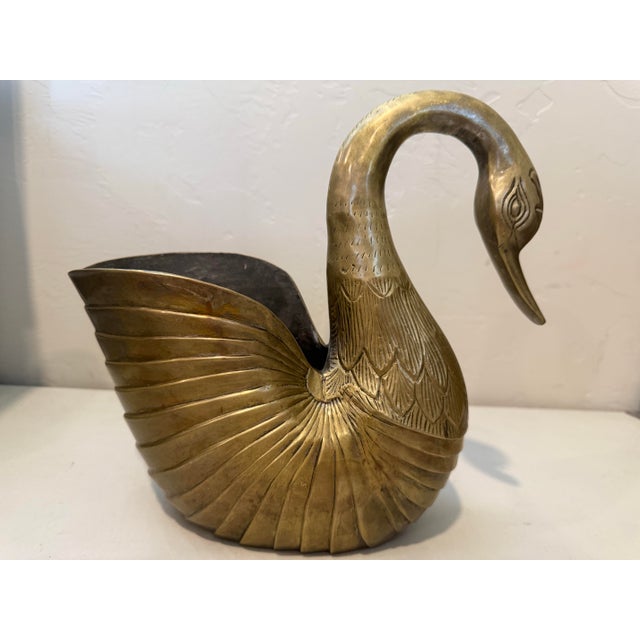 Vintage Solid Brass Large Gold Swan Plant Pot Natural Patina Feathered For Sale - Image 11 of 11