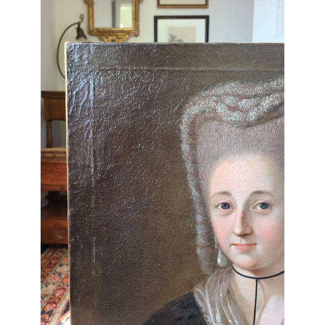Black Antique 18th Century Oil Painting Portrait of a Lady in Pearl Earrings For Sale - Image 8 of 12