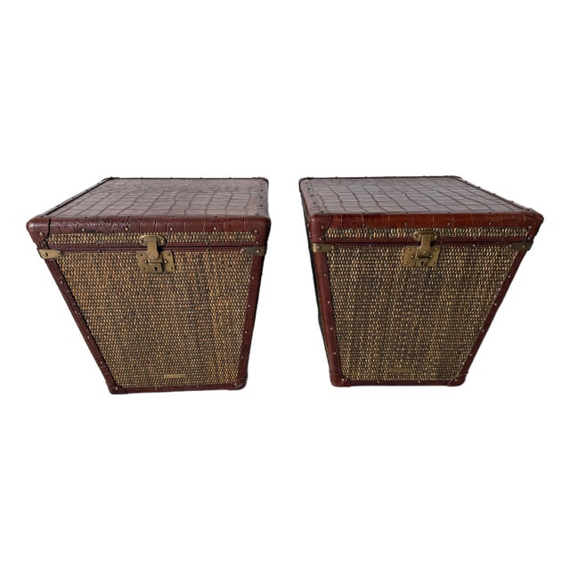 Baker Milling Road Campaign-Style Rattan & Leather Trunk Side Tables — A Pair For Sale