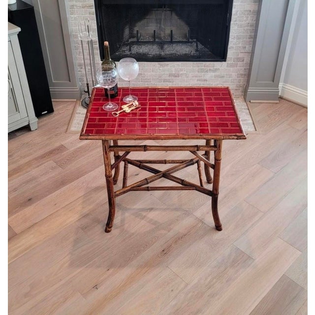 19th Century Victorian Era Chinoiserie Japonism Bamboo Burgundy Red Ceramic Tiled Tray Table For Sale - Image 15 of 17