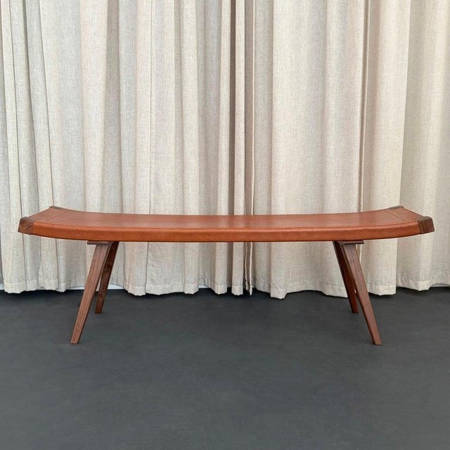 Mid-Century Modern Mid-Century Modern Style Custom Leather and Walnut Bench For Sale - Image 3 of 9