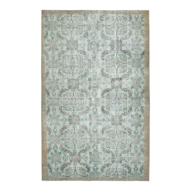 1970s Vintage Turkish Hand-Knotted Wool Cotton Green Area Rug For Sale