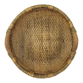 Vintage Round Woven Wicker Rice Basket With Wood Handles Rustic Boho For Sale