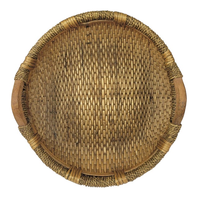 Vintage Round Woven Wicker Rice Basket With Wood Handles Rustic Boho For Sale