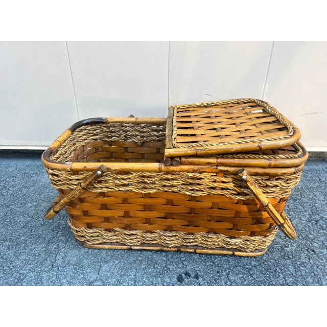 1970s Vintage Scorched Bamboo and Woven Wood Picnic Basket For Sale - Image 4 of 8