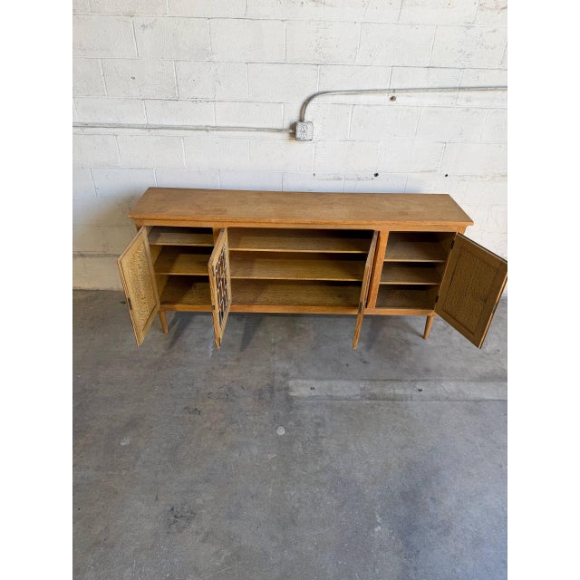 Brown Vintage Danish Oak Sideboard Cabinet in Style of Henning, Brutalist Leaded Glass Credenza For Sale - Image 8 of 10