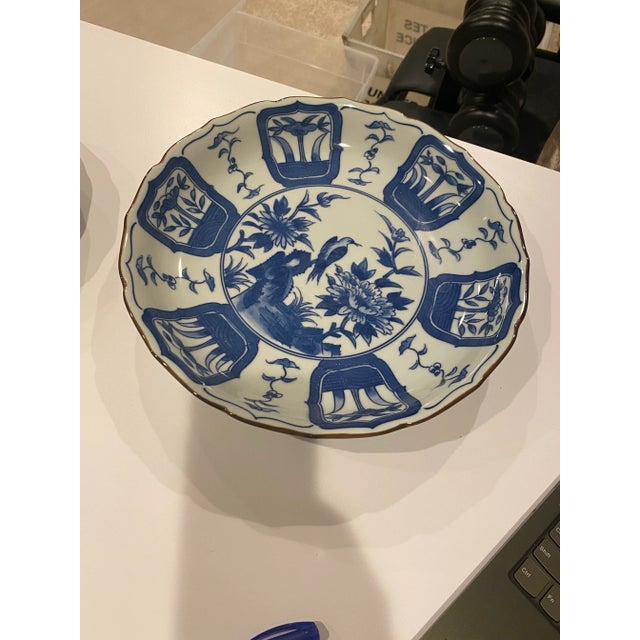 Blue 1960s Blue and White Floral Chinoiserie Bowl Large For Sale - Image 8 of 10